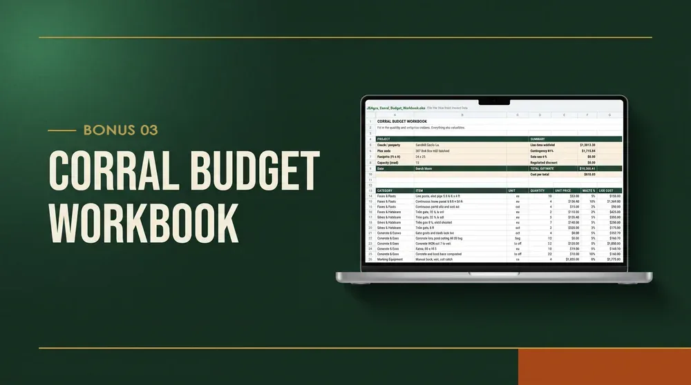Corral Budget Workbook bonus cover, spreadsheet on a laptop