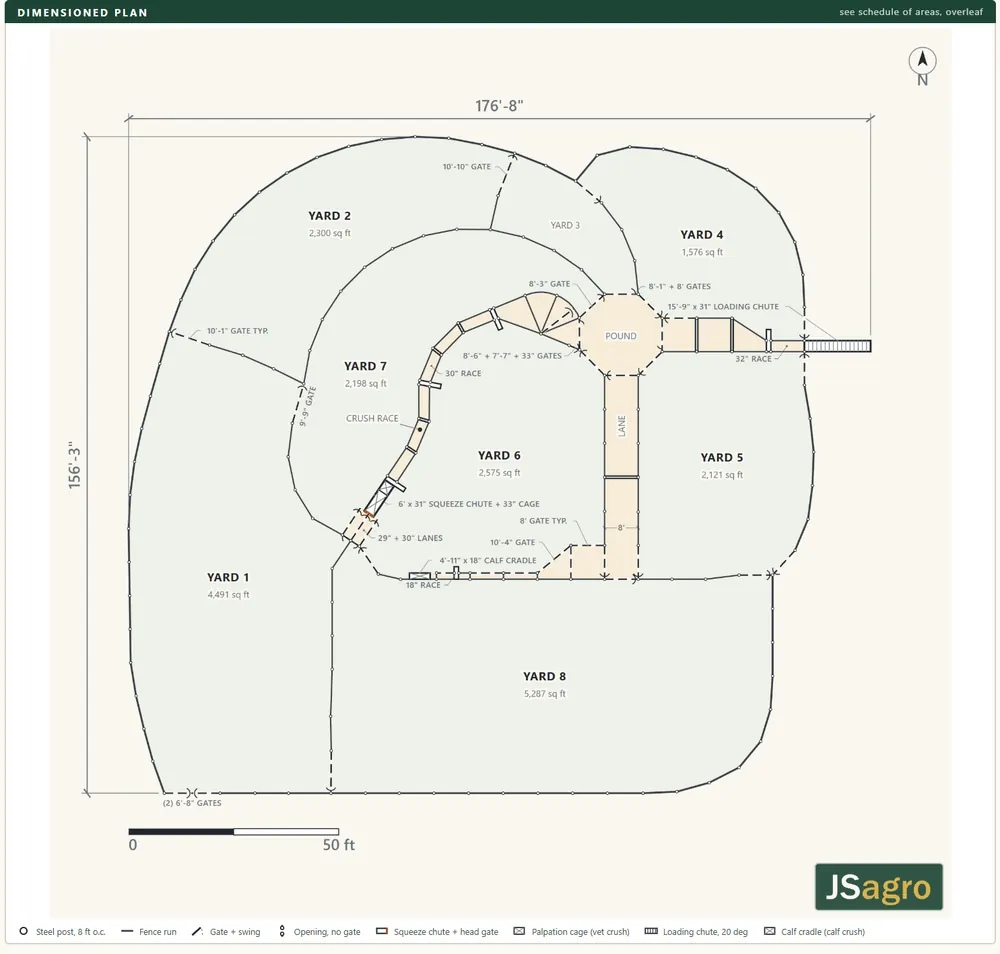 Dimensioned plan drawn to scale, with the gates, races and chutes measured and the cattle flow marked